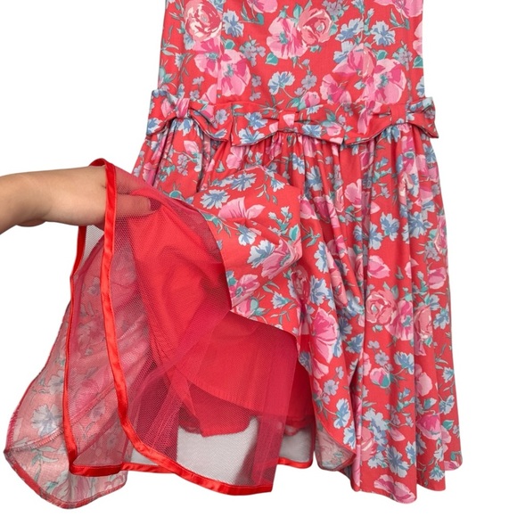 Laura Ashley Vtg 90s Floral Bow Dress Size 10 Pink Red Cotton Crinoline Skirt - Picture 5 of 14
